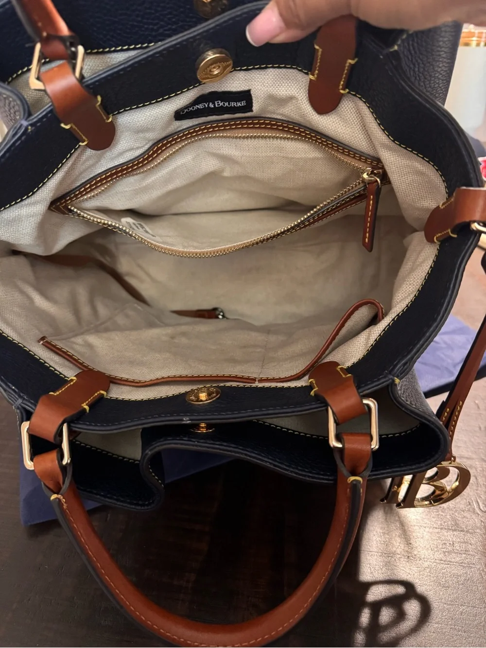 Dooney & Bourke Midnight Blue Pebble Satchel with Tan Trim
